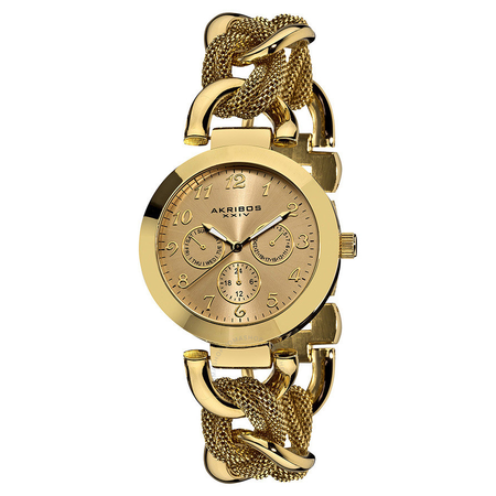 Akribos XXIV Akribos GMT Multi-Function Gold-Tone Mesh Ladies Watch AK564YG
