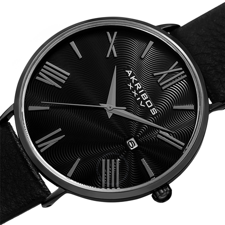 Akribos XXIV Waves Black Dial Black Leather Men's Watch AK1041BK