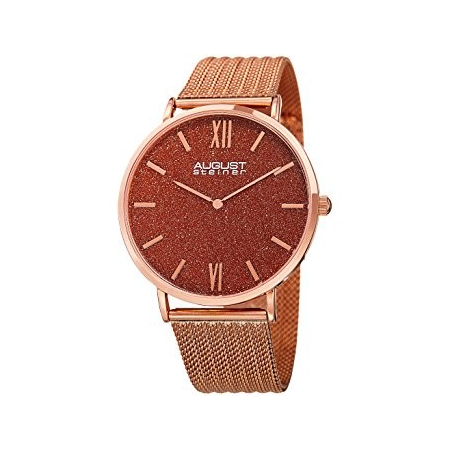 August Steiner Red Sandstone Dial Ladies Rose Gold Tone Mesh Watch AS8218RG