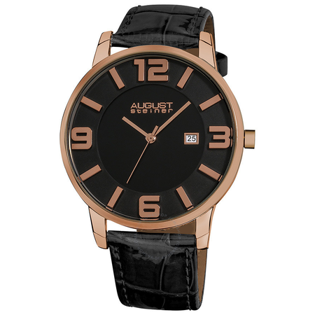 August Steiner Black Dial Rose Gold-Tone Metal Black Leather Men's Watch AS8055RG