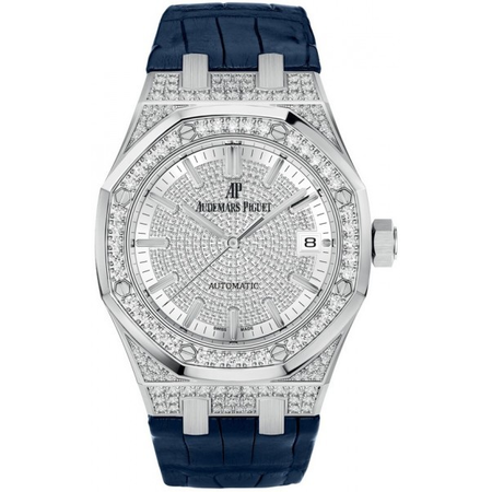 Audemars Piguet Royal Oak Diamond Pave Dial Blue Leather Strap Automatic Ladies Watch 15452BCZZD019CR01 15452BC.ZZ.D019CR.01