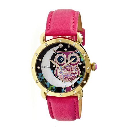 Bertha Ashley Gold-tone Steel Blue Leather Strap Multicolor Owl Dial Ladies Watch GIOGFAI003