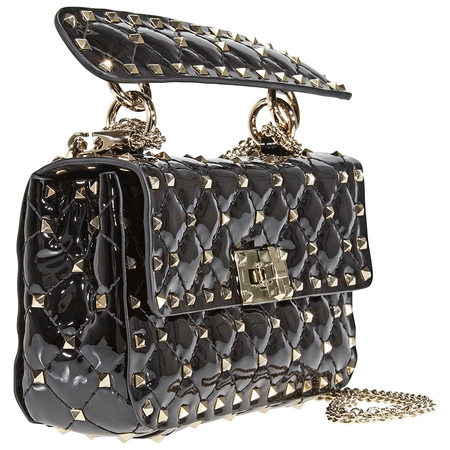 Valentino Small Patent Rockstud Spike Bag- Black RW2B0123VNE-0NO