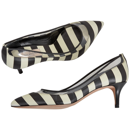 Valentino Ladies Middle Pump Bow Black White Pump 5.5cm Striped Heels S0H70 VMC L11