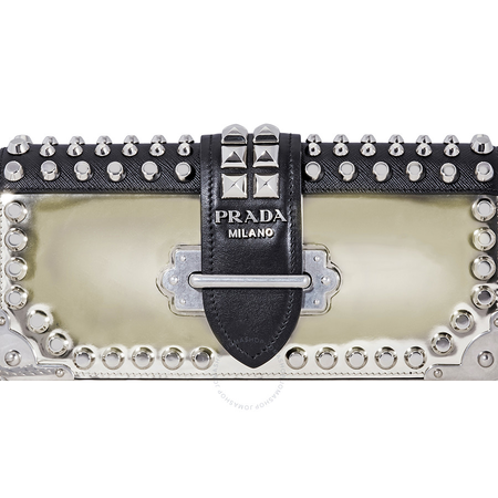 Prada Cahier Studded Leather Clutch- Pyrite/Black 1BF048 2B1E F0U6F