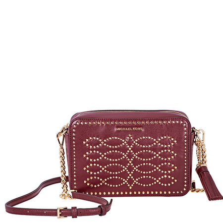 Michael Kors Ginny Medium Studded Leather Crossbody- Oxblood 32F8GF5M2U-610