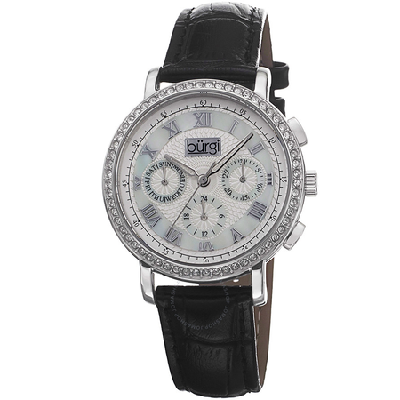 Burgi White Mother of Pearl Dial Black Leather Strap Ladies Watch BUR087BK