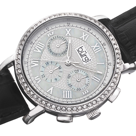 Burgi White Mother of Pearl Dial Black Leather Strap Ladies Watch BUR087BK