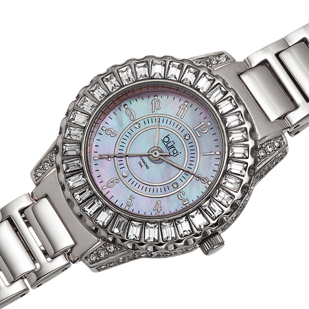 Burgi Silver-Tone Brass Mother of Pearl Dial Diamond Ladies Watch BUR095SS