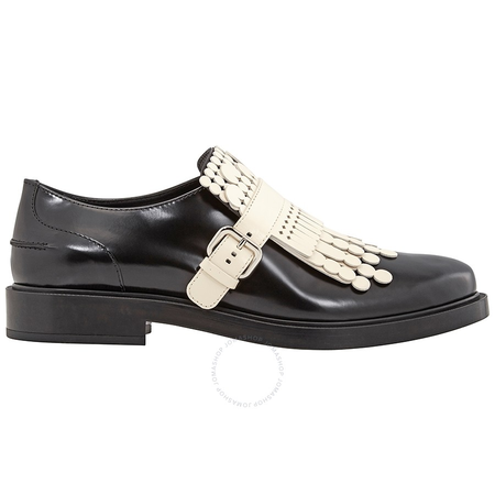 Tod's Womens Fringed Leather Loafers in Black/ White XXW0ZP0R130EFX0G45