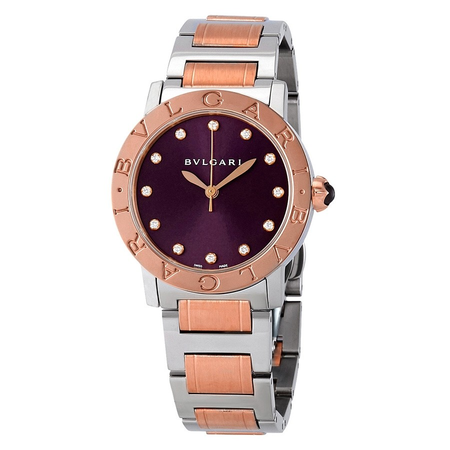 Bvlgari Automatic Purple Diamond Dial Steel and 18K Pink Gold Ladies Watch 102622