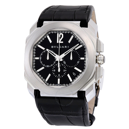 Bvlgari Octo Velocissimo Chronograph Black Lacquered Polished Dial Black Leather Men's Watch 102103