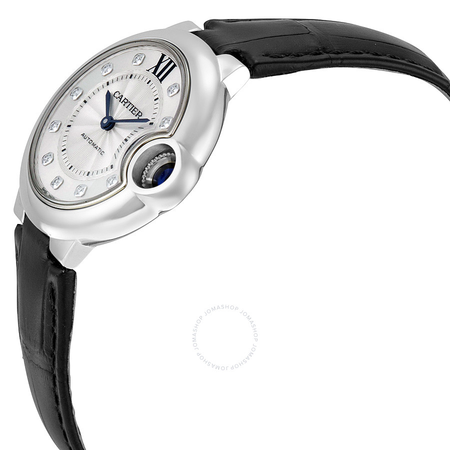 Cartier Ballon Bleu Automatic Silver Dial Diamond Black Leather Ladies Watch W4BB0009