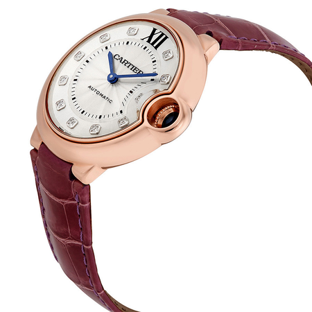 Cartier Ballon Bleu Silver Dial 18kt Rose Gold Purple Leather Unisex Watch WE902028