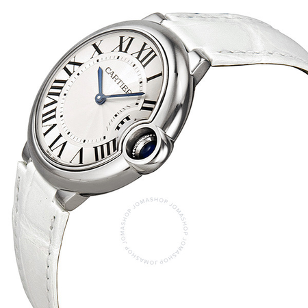 Cartier Ballon Bleu Silver Dial Stainless Steel White Leather Ladies Watch W6920087