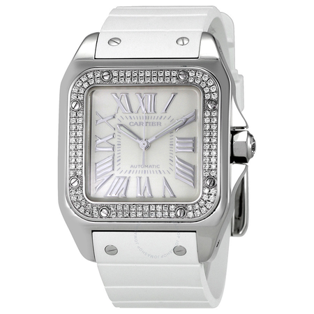 Cartier Santos  de  100 Opaline Dial White Rubber Ladies Watch WM50460M