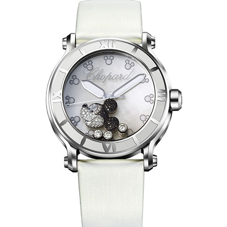 Chopard Happy Sport Diamond Mickey Mouse Mother Of Pearl Dial White Satin Ladies Watch 288524-3004