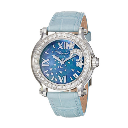 Chopard Happy Sport Blue MOP Dial Blue Leather Floating Diamond Moon Ladies Watch 278475-2001