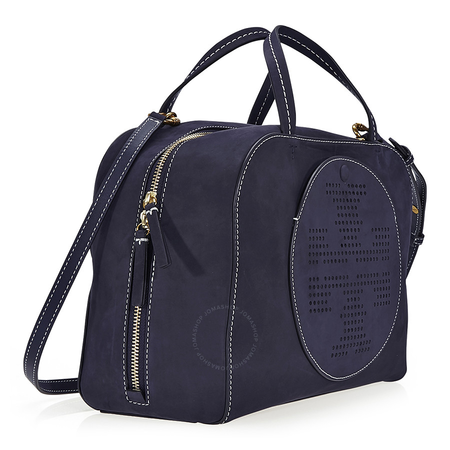 Tory Burch Perforated-Logo Suede Satchel- Tory Navy 41472-405