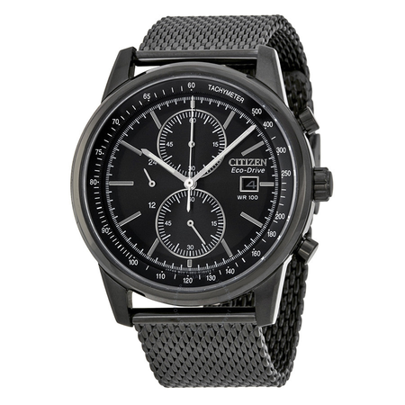 Citizen Eco-Drive Chronograph Black Dial Black Ion-plated Mesh Men's Watch CA0338-57E