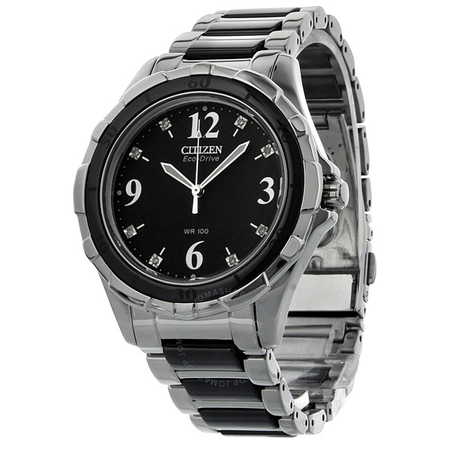 Citizen Ceramic Eco-Drive Diamond Black Dial Steel Black Ceramic Bracelet Ladies Watch EM0031-56E