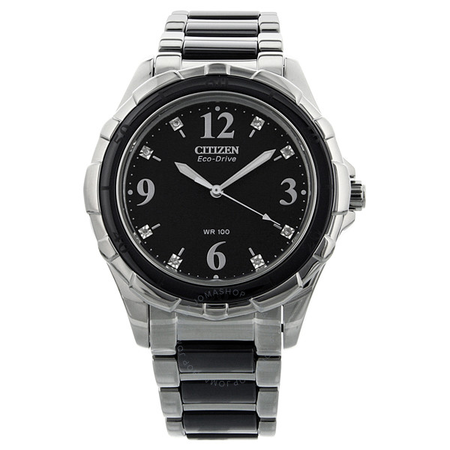 Citizen Ceramic Eco-Drive Diamond Black Dial Steel Black Ceramic Bracelet Ladies Watch EM0031-56E