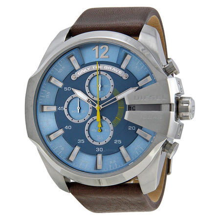 Diesel Mega Chief Chronograph Light Blue Dial Brown Leather Men's Watch DZ4281