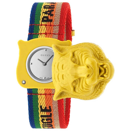 Gucci Le Marche Des Merveilles Yellow Tiger Quartz Silver Dial Men's Watch YA146410
