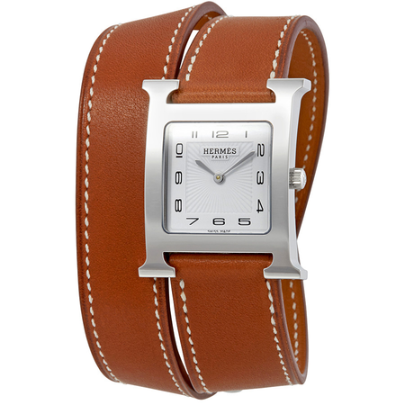 Hermes H Hour White Dial Brown Leather Ladies Watch 036798WW00 W036798WW00