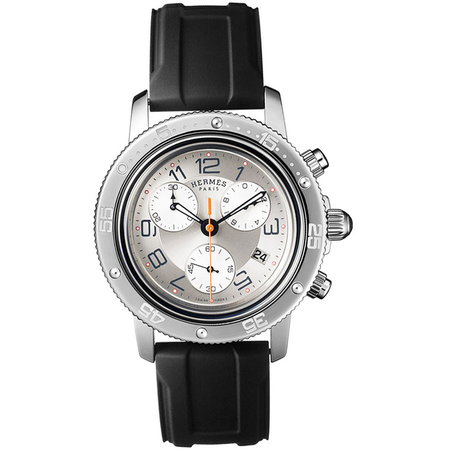Hermes Clipper Chrono Silver Dial Black Rubber Men's Watch 035365WW00