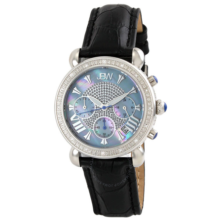 JBW Victory Blue Mother of Pearl Chronograph Dial Diamond Steel Case Black Leather Strap Ladies Watch JB-6210L-C