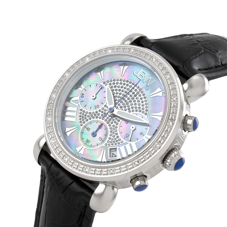 JBW Victory Blue Mother of Pearl Chronograph Dial Diamond Steel Case Black Leather Strap Ladies Watch JB-6210L-C
