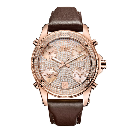 JBW Jet Setter Rose Gold-tone Steel Diamond Brown Leather Strap Men's Watch J6354C
