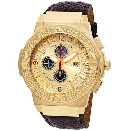 JBW Saxon Gold-tone Sunray Crystal Dial Gold-tone Stainless Steel Diamond Bezel Brown Leather Strap Men's Watch JB-6101L-E