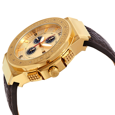 JBW Saxon Gold-tone Sunray Crystal Dial Gold-tone Stainless Steel Diamond Bezel Brown Leather Strap Men's Watch JB-6101L-E