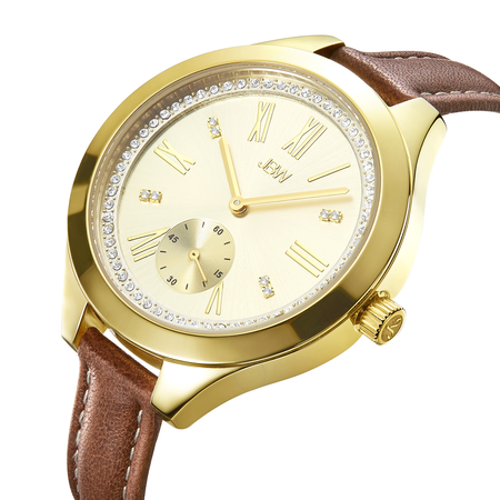 JBW Aria Gold-tone Case Gold-tone Diamond Dial Brown Calfskin Leather Strap Ladies Watch J6309B