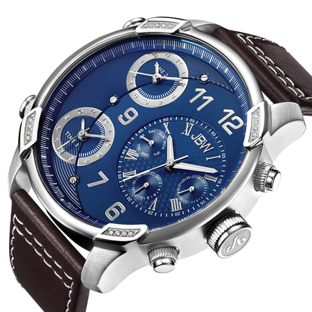JBW G4 Multi-Time Zone Blue Dial Stainless Steel Case Brown Leather Men's Watch J6248LN