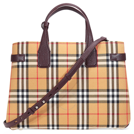 Burberry Medium Banner Vintage Check and Leather Tote- Deep Claret 4076952