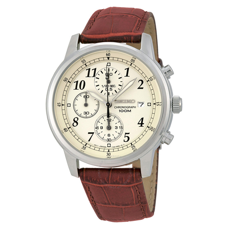 Seiko Chronograph Beige Dial Burgandy Leather Men's Watch SNDC31