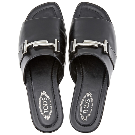 Tod's Ladies Black Slippers In Leather Double T Slides XXW0TK0AF10BSSB999