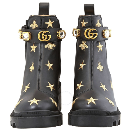 Gucci Black Embroidered Leather Ankle Boot With Belt 557735 AYO10 1000