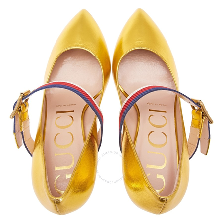 Gucci Sylvie Leather Mid Heel Pump in Gold 475086 B8M60 8075