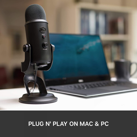 Blue Yeti USB Mic for Recording & Streaming on PC and Mac, 3 Condenser Capsules, 4 Pickup Patterns, Headphone Output and Volume Control, Mic Gain Control, Adjustable Stand, Plug & Play – Blackout