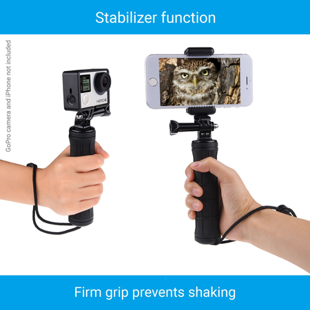 Stabilizing Hand Grip for GoPro Hero with Dual Mount, Tripod Adapter and Universal Phone Holder - Record Videos with 2 Different Camera Angles Simultaneously, Steady Shot Photography, Selfies