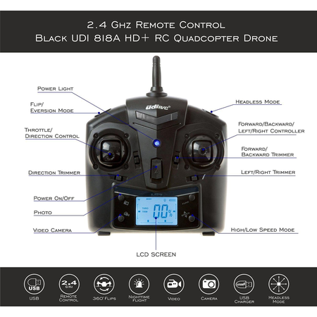 USA Toyz U818A HD+ RC Quadcopter Drone with HD Camera, 2200 mAh Power Bank and 2 LiPo Batteries
