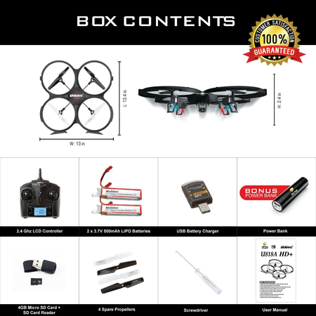 USA Toyz U818A HD+ RC Quadcopter Drone with HD Camera, 2200 mAh Power Bank and 2 LiPo Batteries