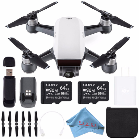DJI Spark Quadcopter (Alpine White) CP.PT.000731 + Sony 64GB microSDXC + Card Reader + Fibercloth Bundle