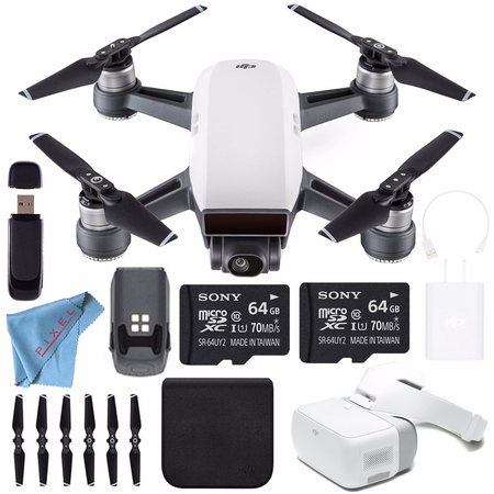 DJI Spark Quadcopter (Alpine White) CP.PT.000731 + Sony 64GB microSDXC + Card Reader + Fibercloth + DJI Goggles FPV Headset CP.PT.000672 Bundle