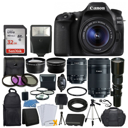 Canon EOS 80D DSLR Camera Body + Canon EF-S 18-55mm + Canon EF-S 55-250mm Lens & Telephoto 500mm f/8.0 (Long) + Wide Angle Lens + 58mm 2x Lens + Macro Filter Kit + 32GB Memory Card + Accessory Bundle