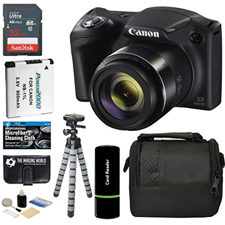 Canon PowerShot SX420 IS Digital Camera (Black) with 20MP, 42x Optical Zoom, 720p HD Video and Built-In Wi-Fi + 32GB Card + Reader + Spare Battery + Tripod + Digital Camera Accessory Bundle